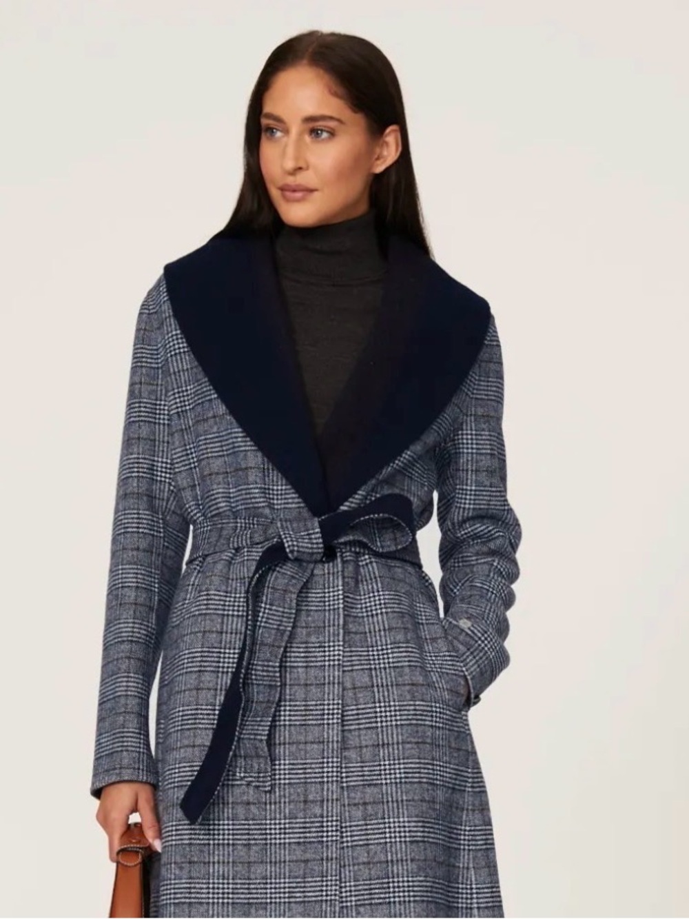 NWT Ellen Reyes  Black Houndstooth Faux-Fur Collar Belted Coat
